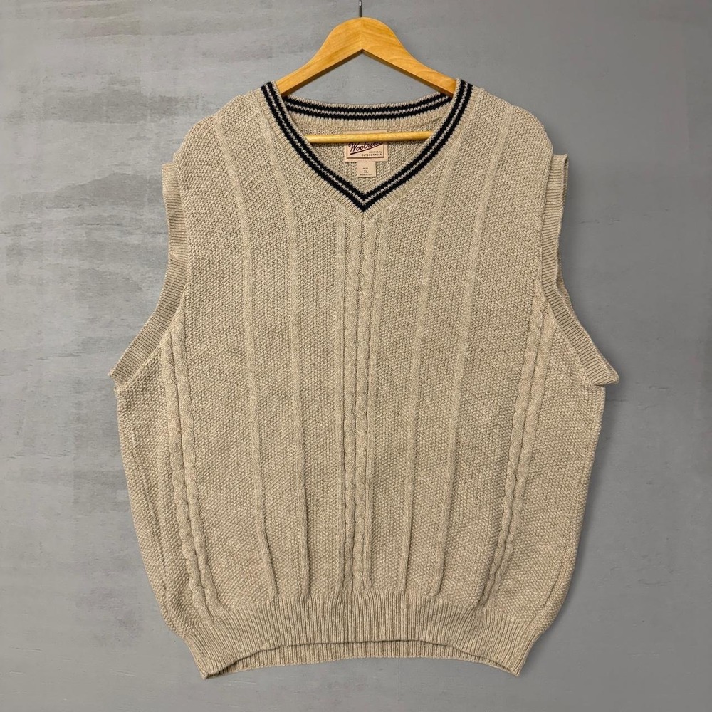 Vintage Woolrich Sweater Vest Tan Beige Cable Knit XL Men's Made in USA